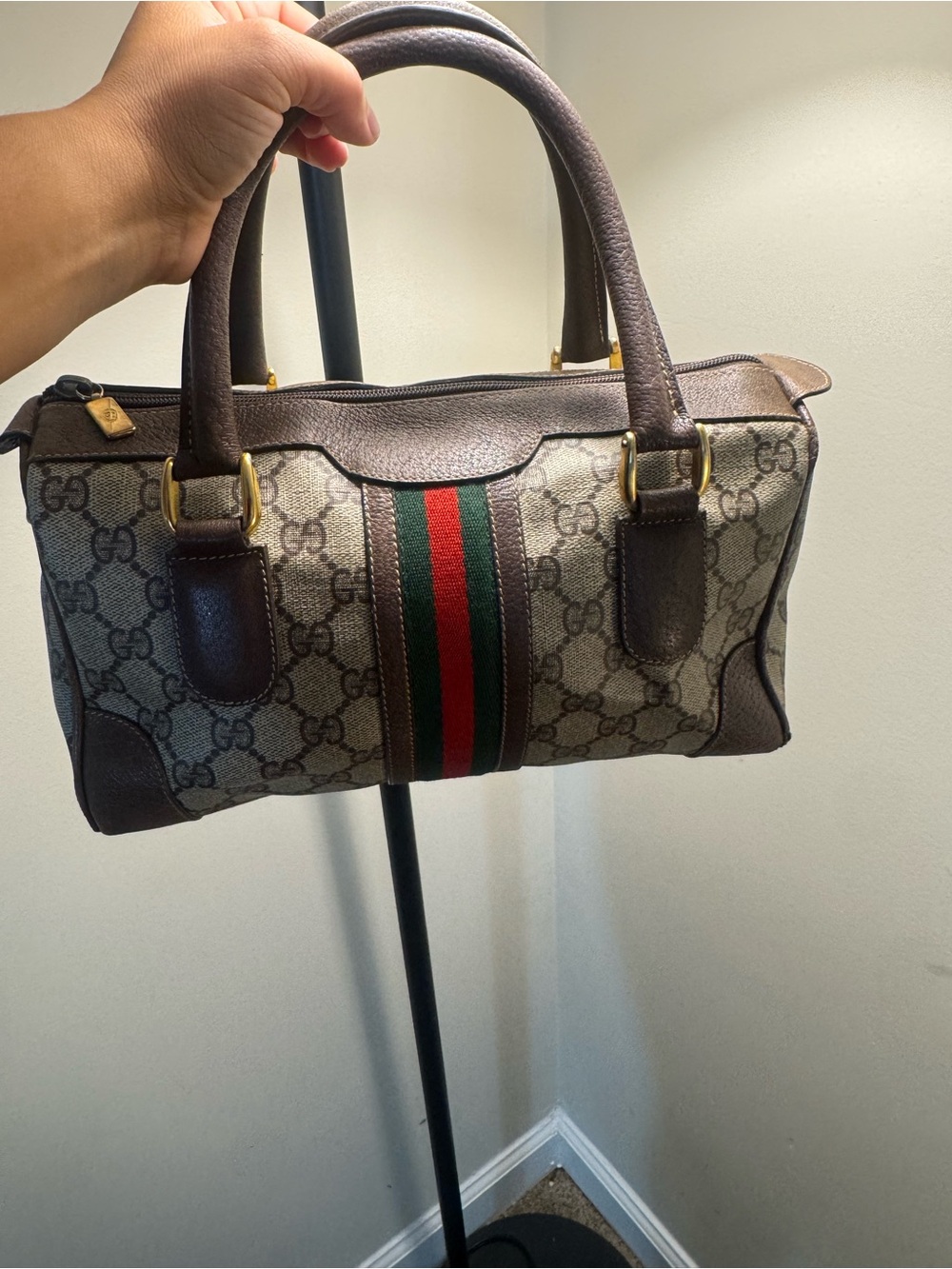 Gucci Brown Monogram Satchel with Green-Red Stripe